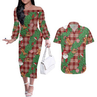 Red Palaka Hawaii Cowboy Christmas Couples Matching Off The Shoulder Long Sleeve Dress and Hawaiian Shirt Paniolo Mix Maile Lei LT7 Red - Polynesian Pride