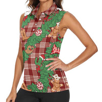 Red Palaka Hawaii Cowboy Christmas Women Sleeveless Polo Shirt Paniolo Mix Maile Lei LT7 - Polynesian Pride