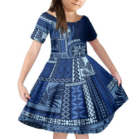 Samoa Siapo Motif Family Matching Long Sleeve Bodycon Dress and Hawaiian Shirt Classic Style - Bue Ver LT7 Daughter's Dress Blue - Polynesian Pride
