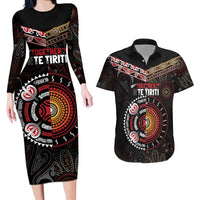 Aotearoa and Australia Indigenous Couples Matching Long Sleeve Bodycon Dress and Hawaiian Shirt Stand Together For Te Tiriti LT7 Black - Polynesian Pride