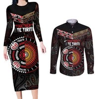 Aotearoa and Australia Indigenous Couples Matching Long Sleeve Bodycon Dress and Long Sleeve Button Shirt Stand Together For Te Tiriti LT7 Black - Polynesian Pride