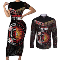 Aotearoa and Australia Indigenous Couples Matching Short Sleeve Bodycon Dress and Long Sleeve Button Shirt Stand Together For Te Tiriti LT7 Black - Polynesian Pride