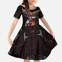 Aotearoa and Australia Indigenous Family Matching Off The Shoulder Long Sleeve Dress and Hawaiian Shirt Stand Together For Te Tiriti LT7 Daughter's Dress Black - Polynesian Pride