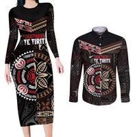 Aotearoa and Samoa Together For Te Tiriti Couples Matching Long Sleeve Bodycon Dress and Long Sleeve Button Shirt Kowhaiwhai Mix Siapo LT7 Black - Polynesian Pride