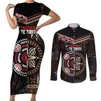 Aotearoa and Samoa Together For Te Tiriti Couples Matching Short Sleeve Bodycon Dress and Long Sleeve Button Shirt Kowhaiwhai Mix Siapo LT7 Black - Polynesian Pride