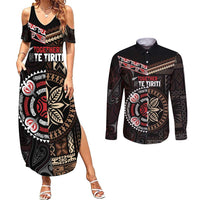 Aotearoa and Samoa Together For Te Tiriti Couples Matching Summer Maxi Dress and Long Sleeve Button Shirt Kowhaiwhai Mix Siapo LT7 Black - Polynesian Pride