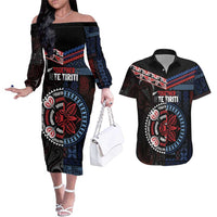 Aotearoa and Samoa Together For Te Tiriti Couples Matching Off The Shoulder Long Sleeve Dress and Hawaiian Shirt Kowhaiwhai Mix Siapo - Flag Color LT7 Black - Polynesian Pride