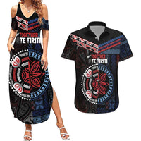 Aotearoa and Samoa Together For Te Tiriti Couples Matching Summer Maxi Dress and Hawaiian Shirt Kowhaiwhai Mix Siapo - Flag Color LT7 Black - Polynesian Pride