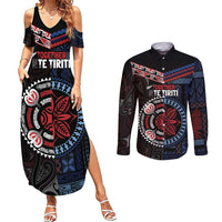 Aotearoa and Samoa Together For Te Tiriti Couples Matching Summer Maxi Dress and Long Sleeve Button Shirt Kowhaiwhai Mix Siapo - Flag Color LT7 Black - Polynesian Pride