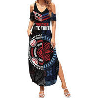 Aotearoa and Samoa Together For Te Tiriti Family Matching Summer Maxi Dress and Hawaiian Shirt Kowhaiwhai Mix Siapo - Flag Color LT7 Mom's Dress Black - Polynesian Pride