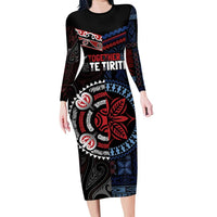 Aotearoa and Samoa Together For Te Tiriti Long Sleeve Bodycon Dress Kowhaiwhai Mix Siapo - Flag Color LT7 Long Dress Black - Polynesian Pride