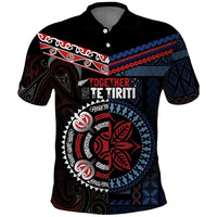 Aotearoa and Samoa Together For Te Tiriti Polo Shirt Kowhaiwhai Mix Siapo - Flag Color LT7 Black - Polynesian Pride