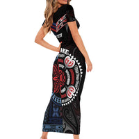 Aotearoa and Samoa Together For Te Tiriti Short Sleeve Bodycon Dress Kowhaiwhai Mix Siapo - Flag Color LT7 - Polynesian Pride