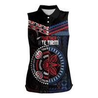 Aotearoa and Samoa Together For Te Tiriti Women Sleeveless Polo Shirt Kowhaiwhai Mix Siapo - Flag Color LT7 Female Black - Polynesian Pride