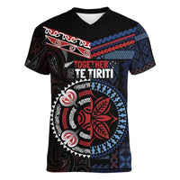 Aotearoa and Samoa Together For Te Tiriti Women V-Neck T-Shirt Kowhaiwhai Mix Siapo - Flag Color LT7 Female Black - Polynesian Pride