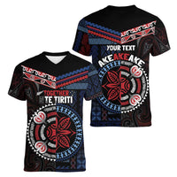 Aotearoa and Samoa Together For Te Tiriti Women V-Neck T-Shirt Kowhaiwhai Mix Siapo - Flag Color LT7 - Polynesian Pride
