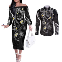 Polynesia Tribal Couples Matching Off The Shoulder Long Sleeve Dress and Long Sleeve Button Shirt Tentacles Plumeria