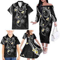 Polynesia Tribal Family Matching Off The Shoulder Long Sleeve Dress and Hawaiian Shirt Tentacles Plumeria LT7 Black - Polynesian Pride