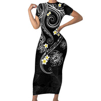 Polynesia Tribal Family Matching Short Sleeve Bodycon Dress and Hawaiian Shirt Tentacles Plumeria LT7 Mom's Dress Black - Polynesian Pride