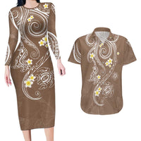 Polynesia Tribal Couples Matching Long Sleeve Bodycon Dress and Hawaiian Shirt Mocha Plumeria Tentacles LT7 Mocha - Polynesian Pride