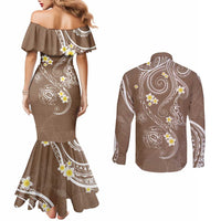 Polynesia Tribal Couples Matching Mermaid Dress and Long Sleeve Button Shirt Mocha Plumeria Tentacles