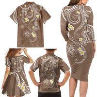 Polynesia Tribal Family Matching Long Sleeve Bodycon Dress and Hawaiian Shirt Mocha Plumeria Tentacles LT7 - Polynesian Pride