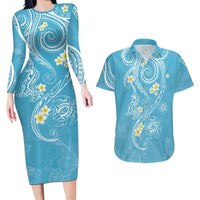 Polynesia Tribal Couples Matching Long Sleeve Bodycon Dress and Hawaiian Shirt Turquoise Plumeria Tentacles LT7 Turquoise - Polynesian Pride