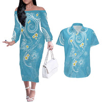 Polynesia Tribal Couples Matching Off The Shoulder Long Sleeve Dress and Hawaiian Shirt Turquoise Plumeria Tentacles LT7 Turquoise - Polynesian Pride