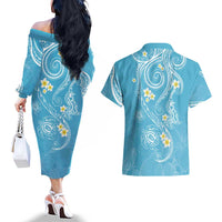Polynesia Tribal Couples Matching Off The Shoulder Long Sleeve Dress and Hawaiian Shirt Turquoise Plumeria Tentacles LT7 - Polynesian Pride