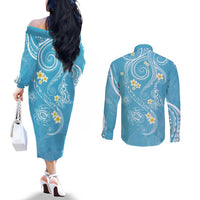 Polynesia Tribal Couples Matching Off The Shoulder Long Sleeve Dress and Long Sleeve Button Shirt Turquoise Plumeria Tentacles