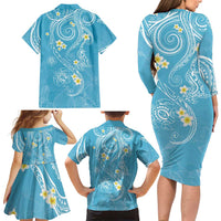 Polynesia Tribal Family Matching Long Sleeve Bodycon Dress and Hawaiian Shirt Turquoise Plumeria Tentacles LT7 - Polynesian Pride