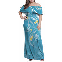 Polynesia Tribal Family Matching Off Shoulder Maxi Dress and Hawaiian Shirt Turquoise Plumeria Tentacles LT7 Mom's Dress Turquoise - Polynesian Pride