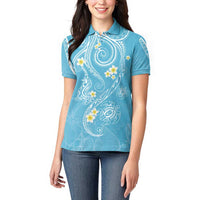 Polynesia Tribal Women Polo Shirt Turquoise Plumeria Tentacles