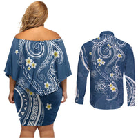 Polynesia Tribal Couples Matching Off Shoulder Short Dress and Long Sleeve Button Shirt Deep Blue Plumeria Tentacles