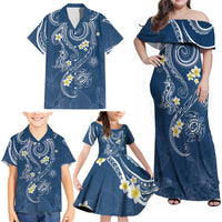 Polynesia Tribal Family Matching Off Shoulder Maxi Dress and Hawaiian Shirt Deep Blue Plumeria Tentacles LT7 - Polynesian Pride