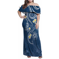 Polynesia Tribal Family Matching Off Shoulder Maxi Dress and Hawaiian Shirt Deep Blue Plumeria Tentacles LT7 Mom's Dress Blue - Polynesian Pride