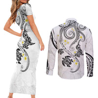 Polynesia Tribal Couples Matching Short Sleeve Bodycon Dress and Long Sleeve Button Shirt White Plumeria Tentacles