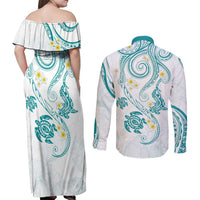 Polynesia Tribal Couples Matching Off Shoulder Maxi Dress and Long Sleeve Button Shirt Teal Plumeria Tentacles