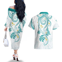 Polynesia Tribal Couples Matching Off The Shoulder Long Sleeve Dress and Hawaiian Shirt Teal Plumeria Tentacles LT7 - Polynesian Pride