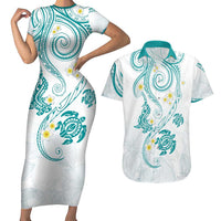 Polynesia Tribal Couples Matching Short Sleeve Bodycon Dress and Hawaiian Shirt Teal Plumeria Tentacles LT7 Teal - Polynesian Pride
