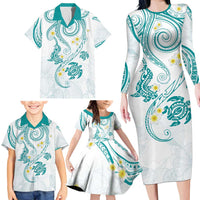 Polynesia Tribal Family Matching Long Sleeve Bodycon Dress and Hawaiian Shirt Teal Plumeria Tentacles LT7 - Polynesian Pride