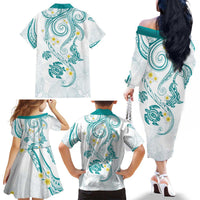 Polynesia Tribal Family Matching Off The Shoulder Long Sleeve Dress and Hawaiian Shirt Teal Plumeria Tentacles LT7 - Polynesian Pride