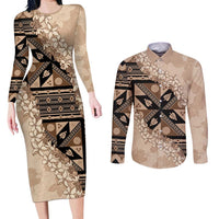 Bula Fiji Plumeria Tagimoucia Salusalu Beige Couples Matching Long Sleeve Bodycon Dress and Long Sleeve Button Shirt Kaiviti Masi LT7 Beige - Polynesian Pride