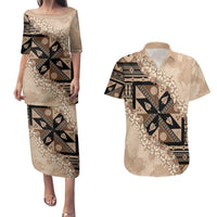 Bula Fiji Plumeria Tagimoucia Salusalu Beige Couples Matching Puletasi and Hawaiian Shirt Kaiviti Masi LT7 Beige - Polynesian Pride
