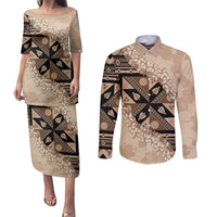 Bula Fiji Plumeria Tagimoucia Salusalu Beige Couples Matching Puletasi and Long Sleeve Button Shirt Kaiviti Masi LT7 Beige - Polynesian Pride