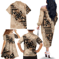 Bula Fiji Plumeria Tagimoucia Salusalu Beige Family Matching Off The Shoulder Long Sleeve Dress and Hawaiian Shirt Kaiviti Masi LT7 - Polynesian Pride
