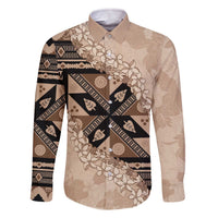 Bula Fiji Plumeria Tagimoucia Salusalu Beige Family Matching Off The Shoulder Long Sleeve Dress and Hawaiian Shirt Kaiviti Masi LT7 Dad's Shirt - Long Sleeve Beige - Polynesian Pride