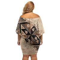 Bula Fiji Plumeria Tagimoucia Salusalu Beige Family Matching Off Shoulder Short Dress and Hawaiian Shirt Kaiviti Masi LT7 - Polynesian Pride