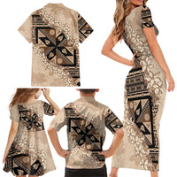 Bula Fiji Plumeria Tagimoucia Salusalu Beige Family Matching Short Sleeve Bodycon Dress and Hawaiian Shirt Kaiviti Masi LT7 - Polynesian Pride