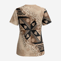 Bula Fiji Plumeria Tagimoucia Salusalu Beige Scrub Top Kaiviti Masi LT7 - Polynesian Pride